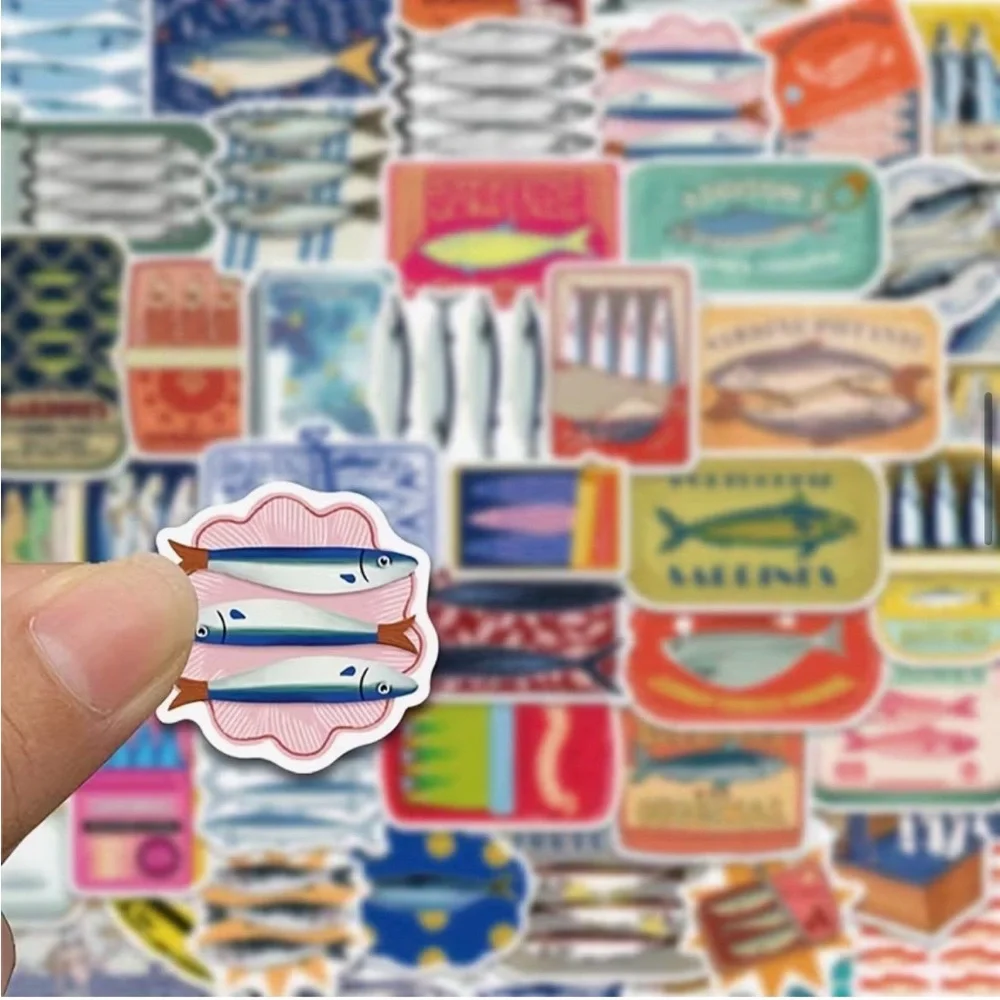 50 Sardine Tin Can Fish Stickers Colorful Nautical Mediterranean Sea Italian - Picture 5 of 10